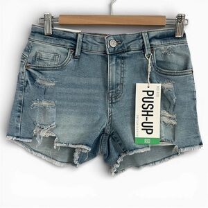 Refuge Rio Push-Up Distressed Mid Rise Blue Jean Shorts